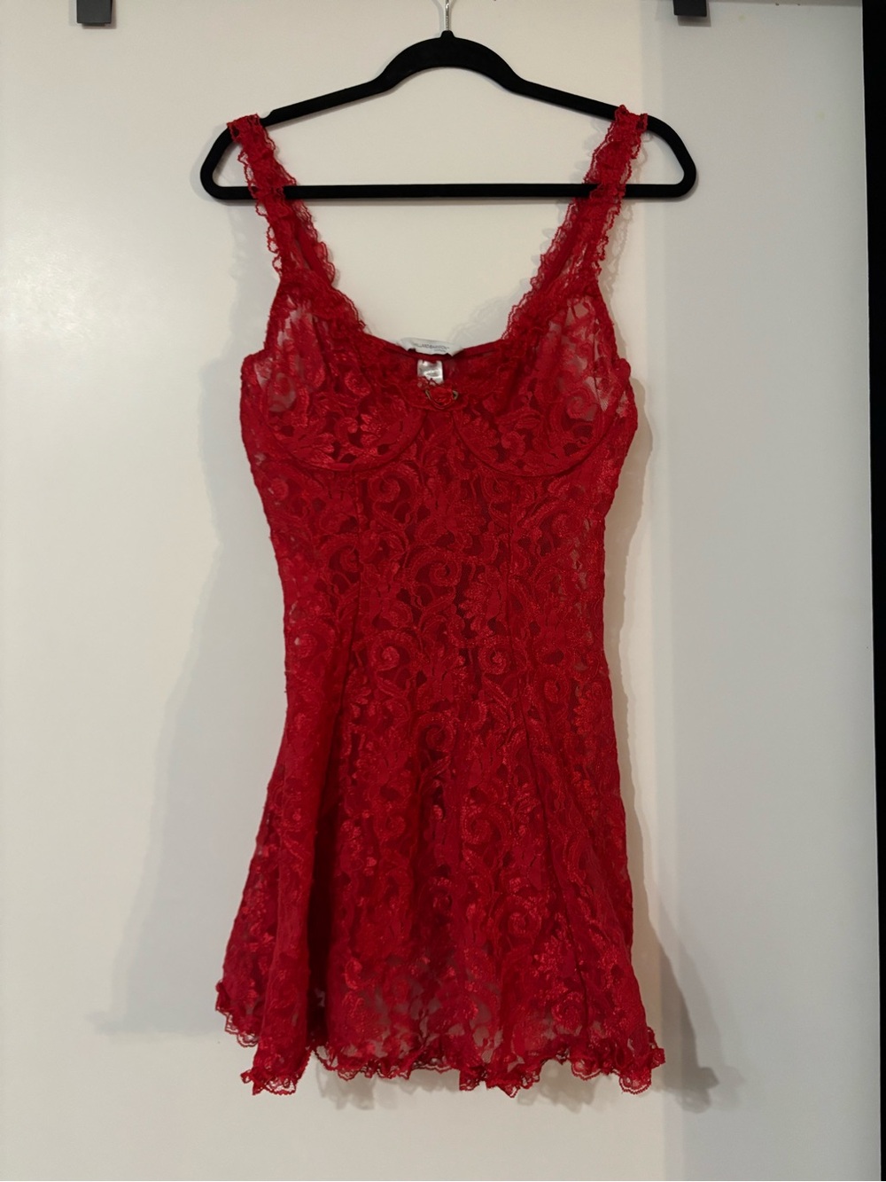 Vintage Red Sheer Full Lace Slip Dress Babydoll Chemise Mini Dress